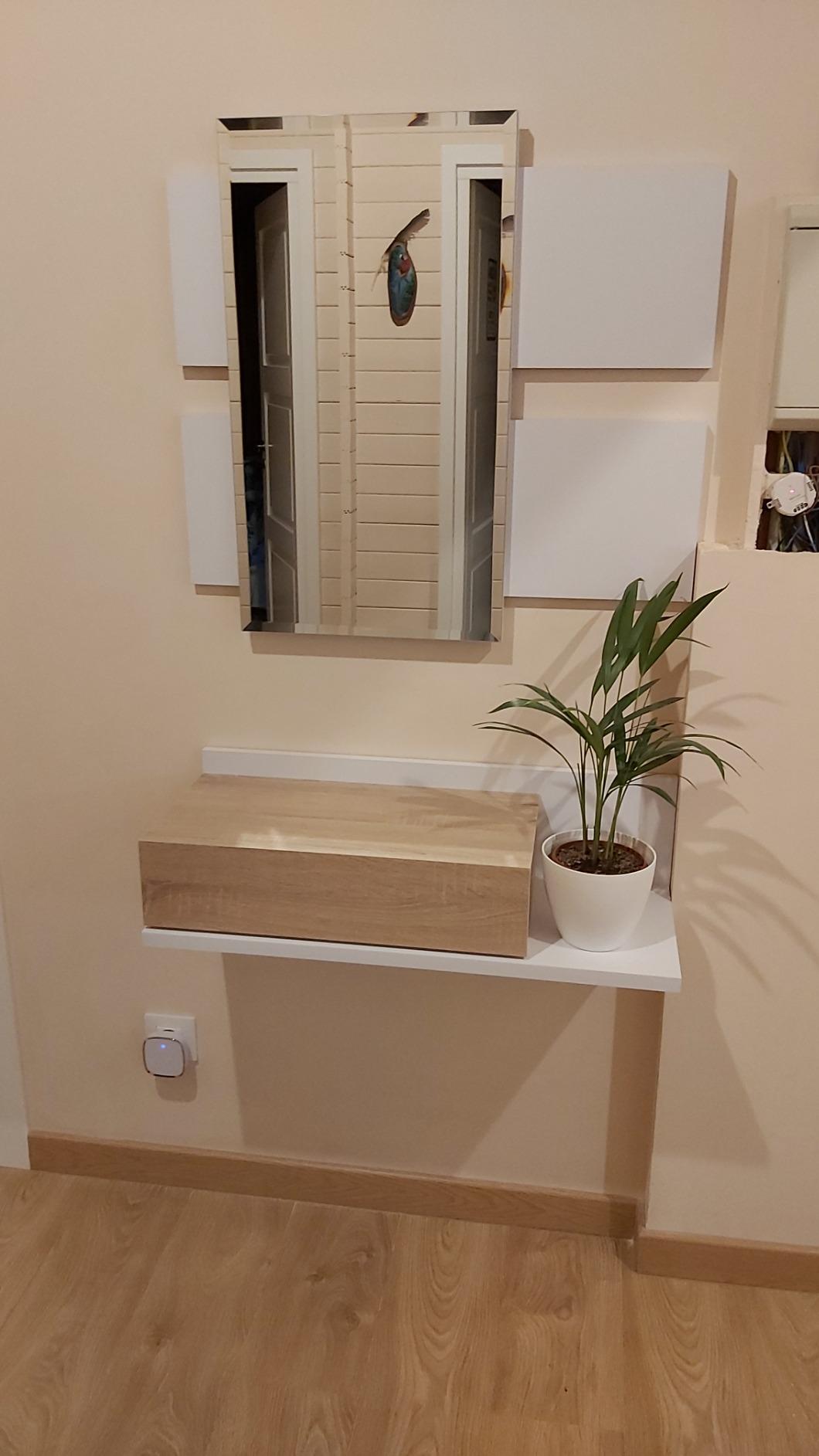 Meuble d'Entrée - Meuble de Rangement Scandinave et Moderne, avec Tiroir et Miroir, Résistant et Stable, Blanc et Chêne Sonoma